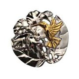 Hummingbird w/ hibiscus flower pendant, 25 mm, rhodium plated, .925 sterling silver with 18Kt gold plating accenting the hummingbird. Sold with a 18” rhodium plated sterling silver chain.  Authorized reproduction of an original museum quality Rainforest Design®️handcrafted shell cameo, carved in Panama by a master Wounaan Indian artist. Part of the proceeds go to the artist whose signature appears on the reverse. 