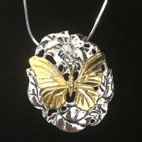 Blue butterfly w/flower pendant, w/18” chain